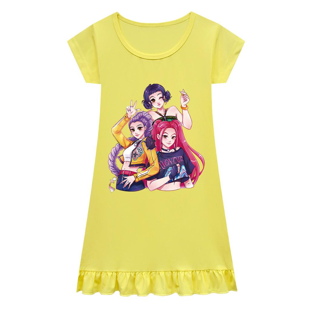 Kids Girls Anime Cartoon K-POP Rumi Zoey Mira Print Pleat Short Sleeve Casual Round Neck Dress