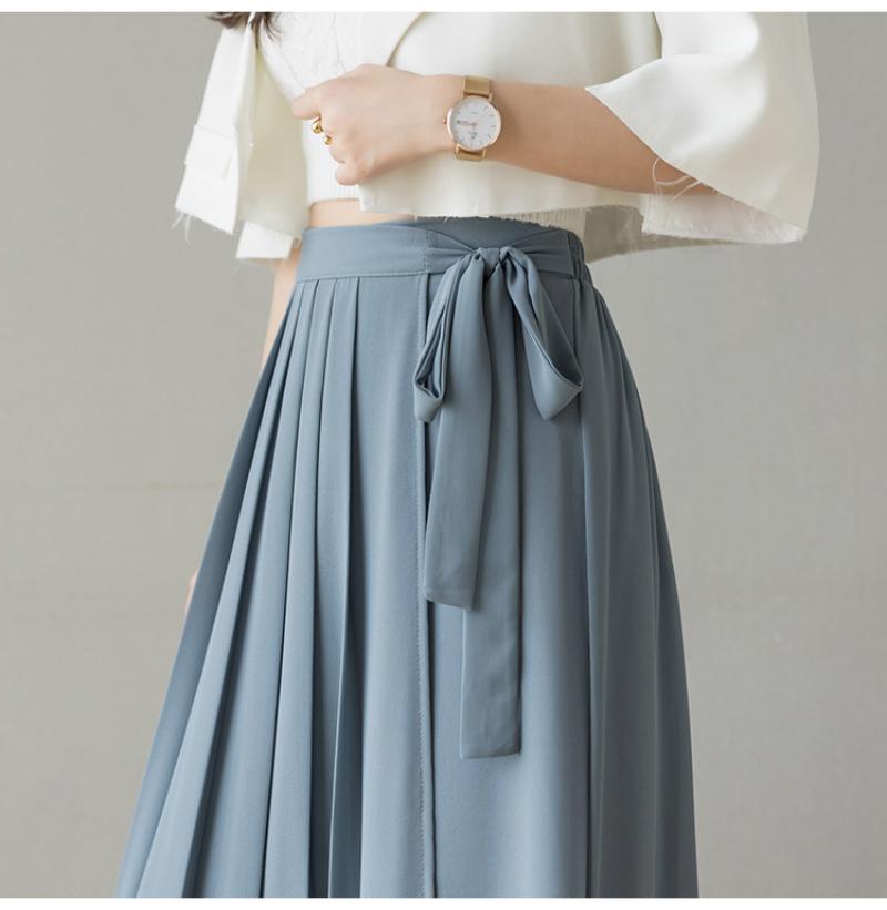 Summer Korean Women Big Hem Skirt Trousers Pleated Chiffon Trousers High Waist Pants Casual Wide Leg