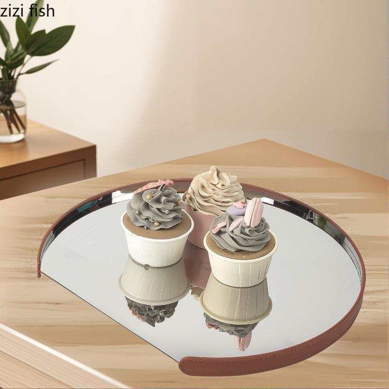 Stainless Steel Mirror Tray Leather Storage Trays Decorative Plate Jewelry Tray Tea Trays Display Stand Cake Dessert Plate Dish