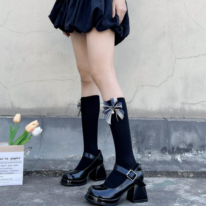 1 Pair Princess Style Dress Socks for Girl Calf Tube Frilly Socks Ballet Socks Ruffle Calf Socks with Bows Lace Top Sock