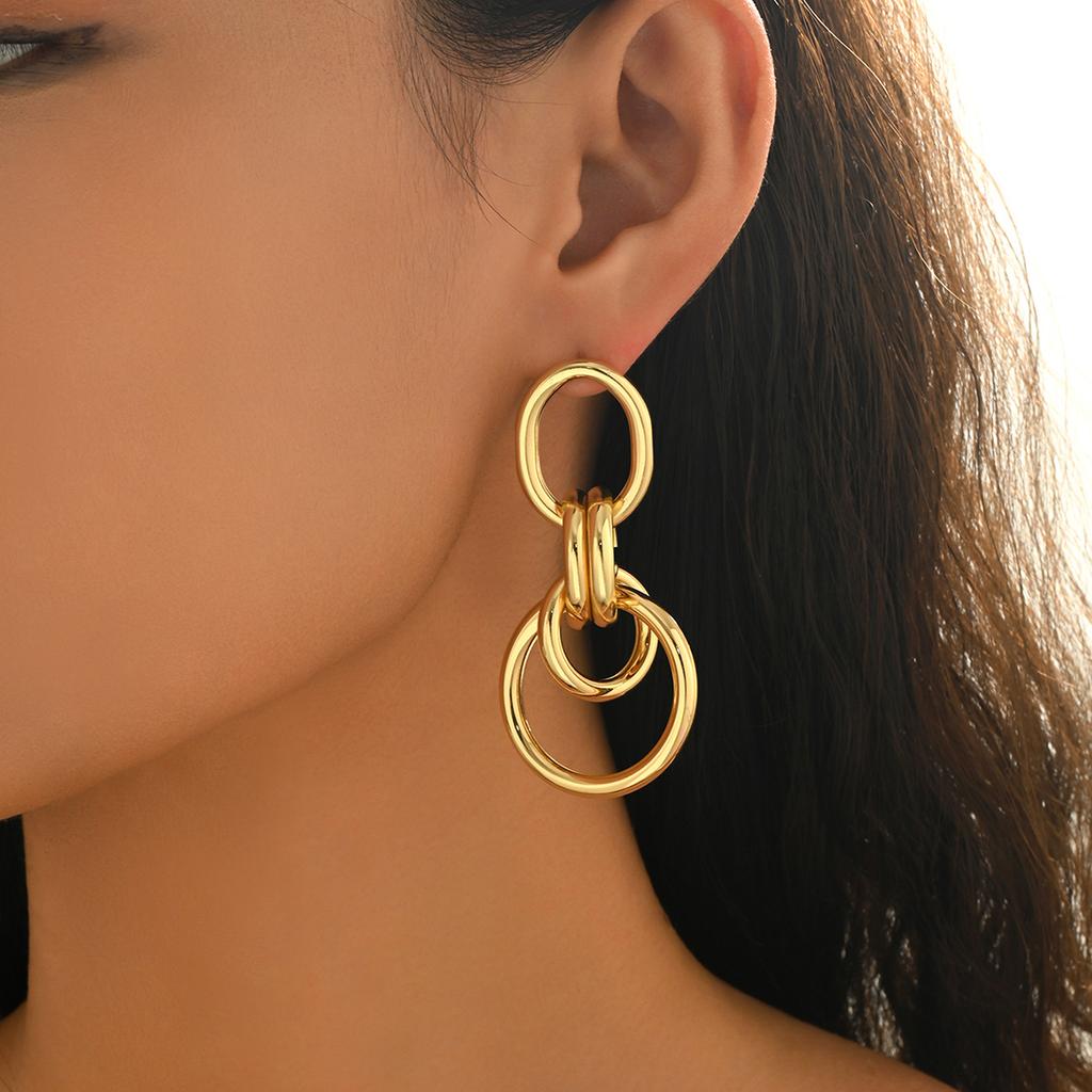 Gold Color Interlocking Circle Drop Earrings Chunky Statement Dangle Earrings Minimalist Daily Wear Jewelry For Women