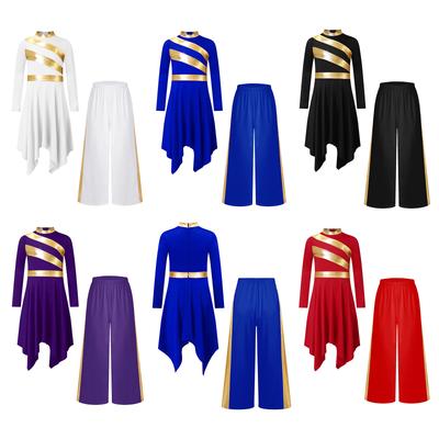 Girls Praise Worship Dance Dress Set Mock Neck Long Sleeve Asymmetrical Hem Metallic Patchwork Contrast Color Dress with Wide Leg Pants