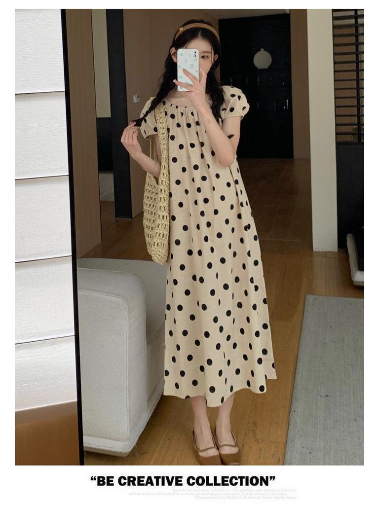 2024 Chic French Maternity Polka Dot Midi Dress with Puff Sleeves