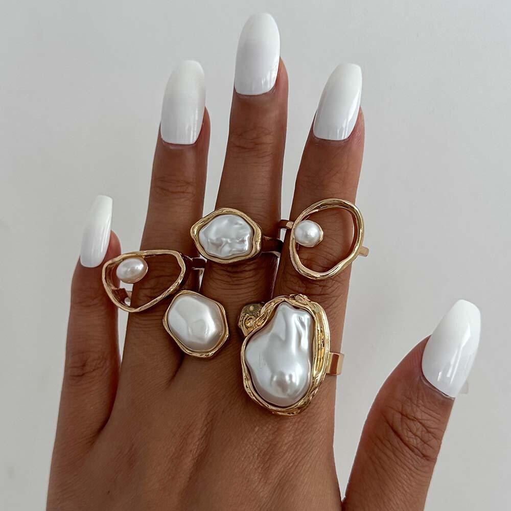 5Pcs/Set Retro Baroque Shaped Pearl Asymmetric Rings for Women Punk Gold Color Metal Geometric Rings Set Party Jewelry Gifts