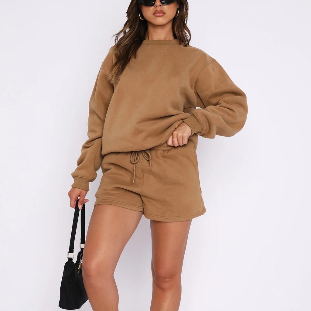 Women Solid Color Loose Casual Crew Neck Sweatshirt And Shorts Set