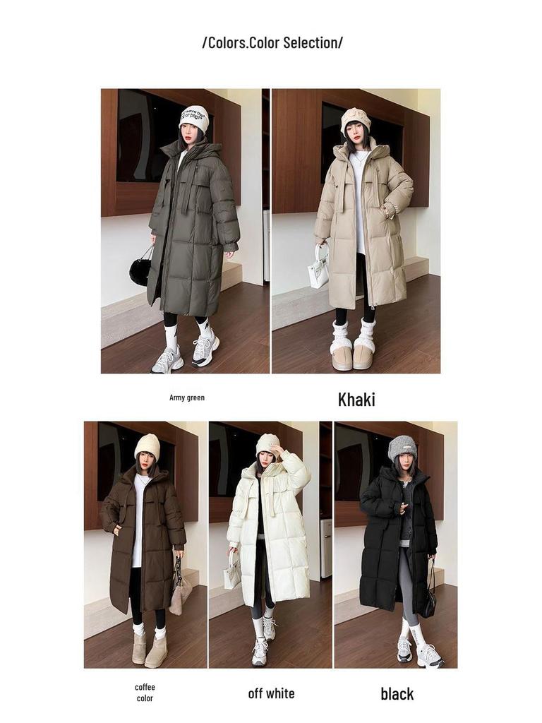 Kabat s kapucí a péřovou výplní ke kolenům - Silný, volný střih, korejský styl, odolný proti chladu s ozdobou na stuze.