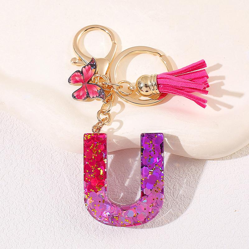 Glitter A-Z Shiny Sequin Letter Pendant Keychain Tassel Star Ball Charms Keyrings Women Bag Ornaments Car Trinket Accessories