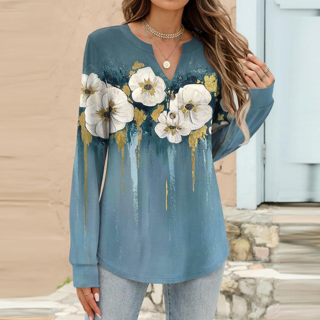 Women's Fashion Casual Floral Print Long Sleeve T-Shirt Pullover Top