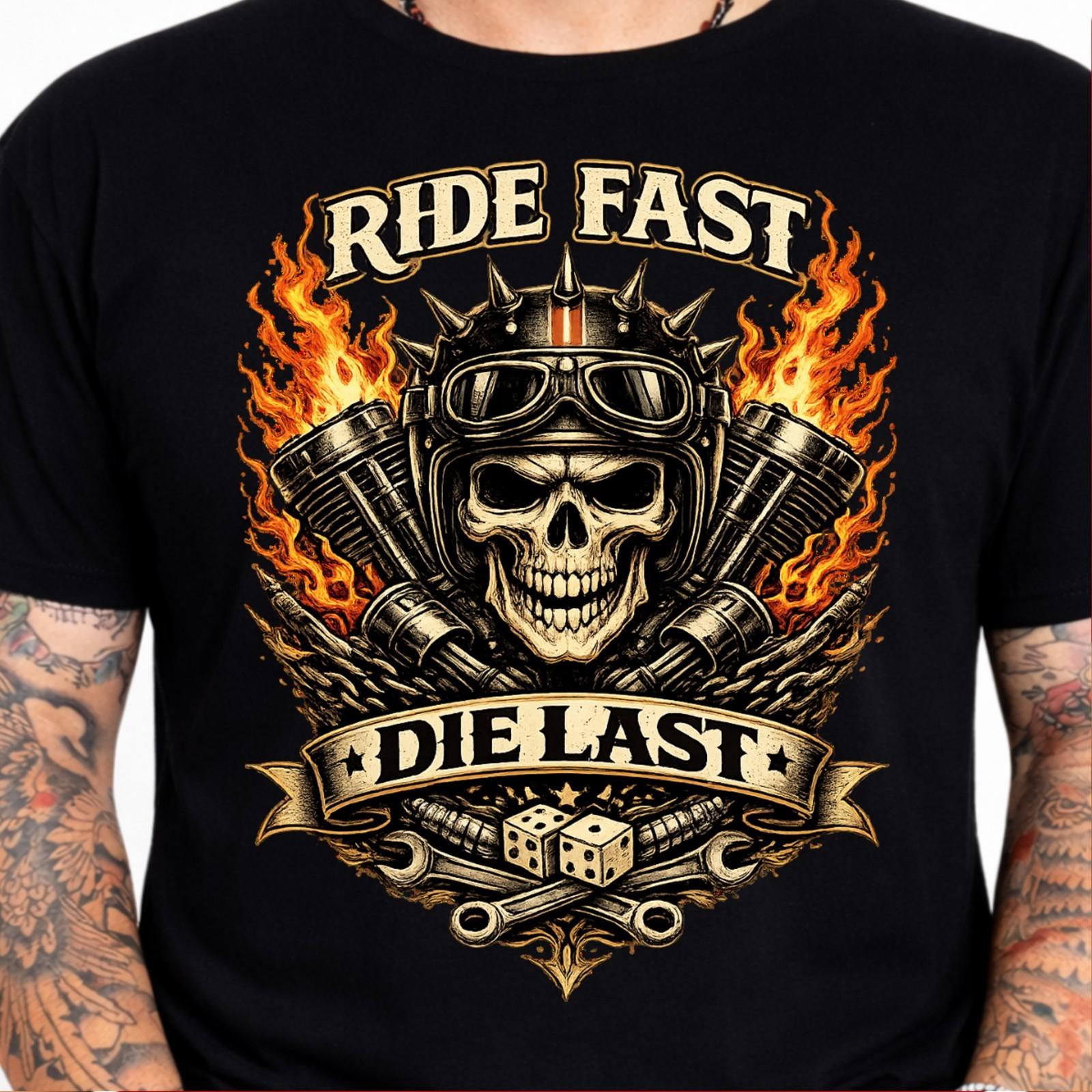 Ride Fast Die Last Skull Flaming Engine Vintage Biker Motorcycle Graphic T-Shirt XS