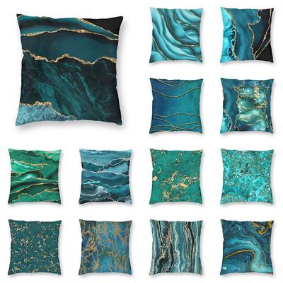 Housse de coussin Motif Marbre Turquoise Bleu Aqua Doré Décoration Salon Canapé 45x45cm