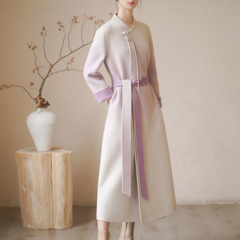 Fashionable Literary Classic Style Standing Collar Long Woolen Coat  with Belted Waist