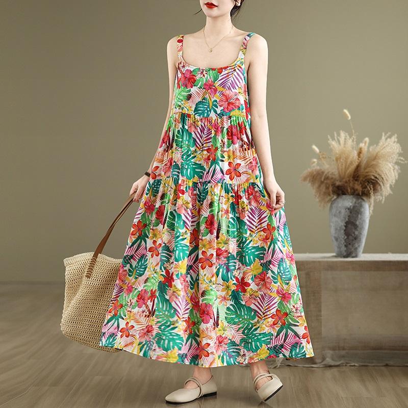 Bez rukávů na ramínka Nadměrná velikost bavlna vintage květinový novinka šaty pro ženy ležérní volné dlouhé letní šaty