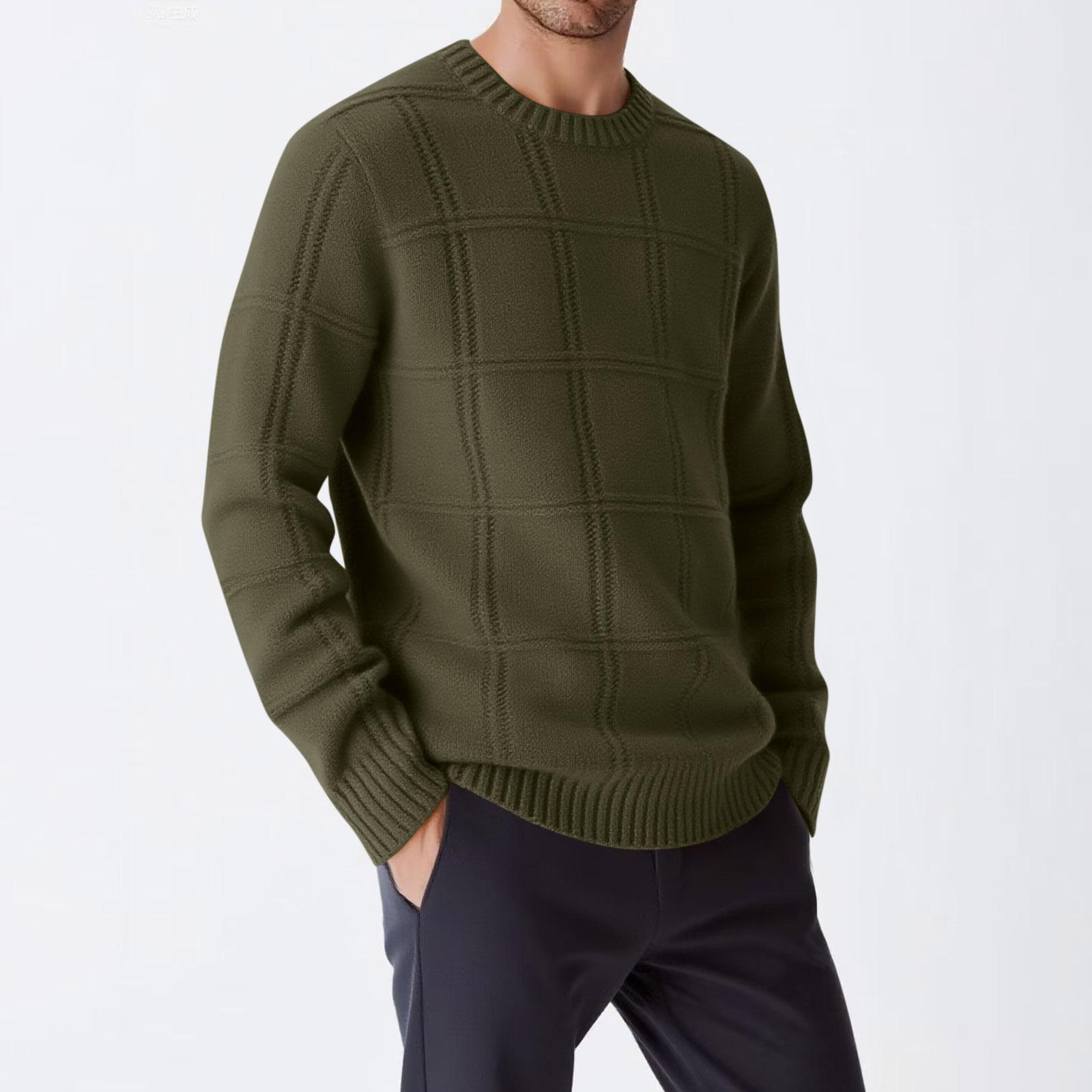 

Men s Solid Color Round Neck 3D Plaid Sweater Casual Fashion Loose Knitted Long Sleeve Pullover L