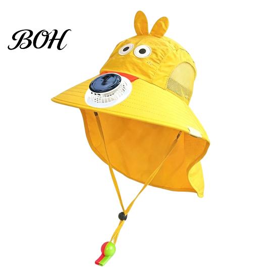 Baby Sun Hat With Fan Kids Cap with Built-in Solar Fan, Wide Brim Protection Cooling Hat, Breathable Mesh Fabric Summer Cartoon Pattern, Shawl Design