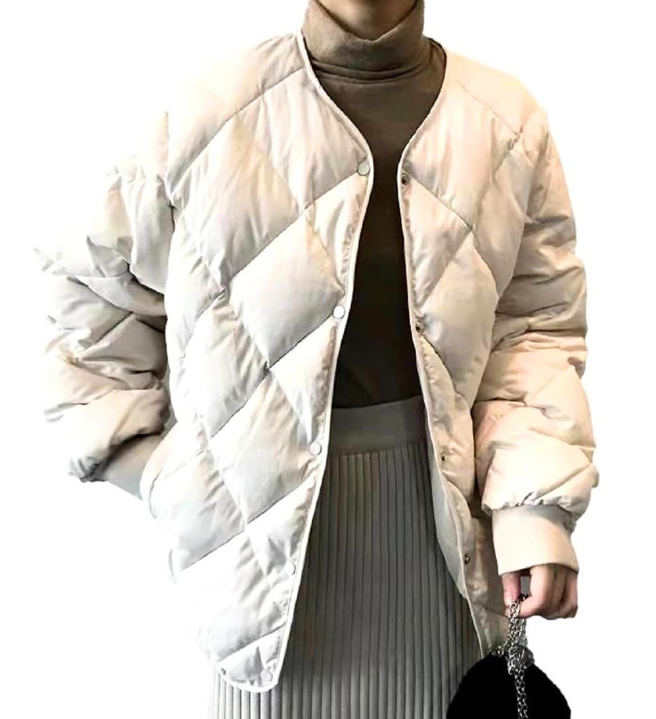 Maison De TAO Women's Warm Short Jacket with No Collar and Quilted Padding (JP, Alphabet, XL, White)