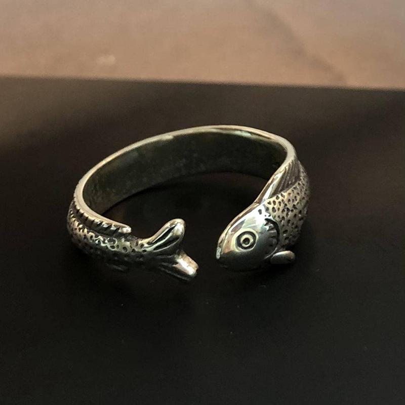 Niche Simple Fish Shaped Ring Distressed Gold Vintage Adjustable Ring Silver Alloy Retro Open Ring Unisex