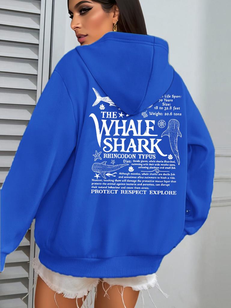 Creative Whale Shark With Letters Print Woman'S Streetwear Soft Trendy Hoodies Solid Color Warm Clothes Loose Hip Hop Hoody