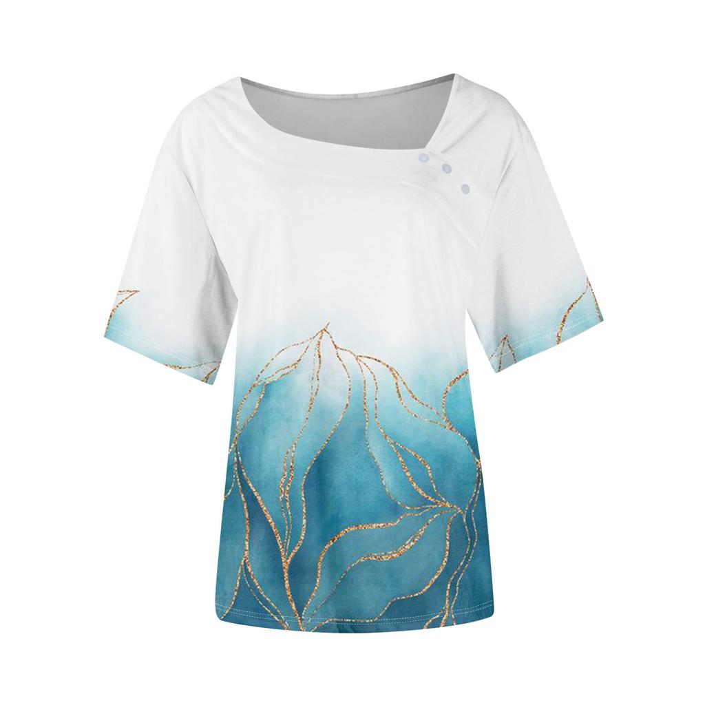 Damen T-Shirt mit lässigem Print, asymmetrischem Halsausschnitt, kurzen Ärmeln, dekorativen Knöpfen