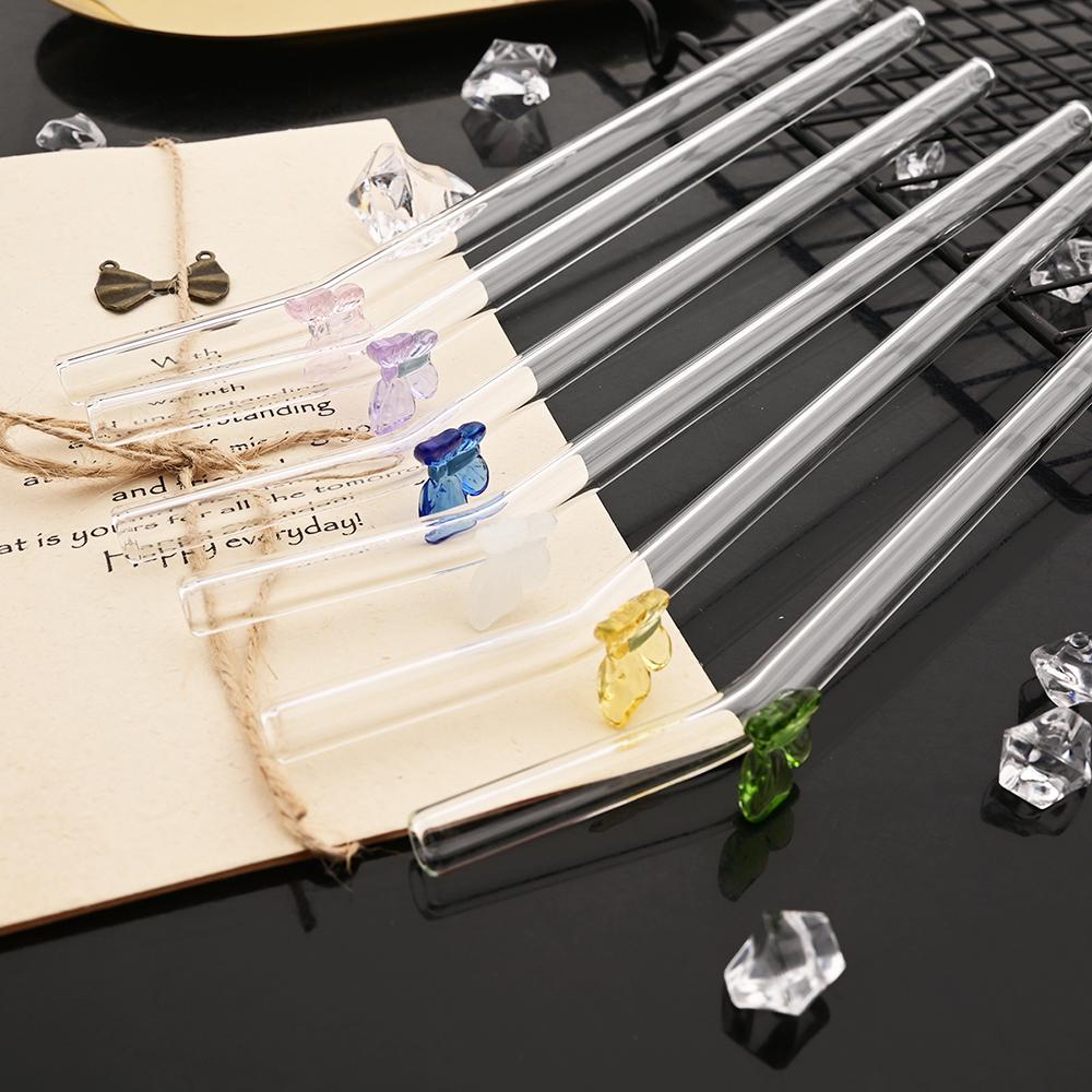 8 Stück Glasstrohhalme mit Schmetterlingsdesign und Bürste 200*8mm Wiederverwendbares Trinkhalm-Set Milchshakes Cocktail Kaffee-Strohhalme Haushalts-Bar-Zubehör