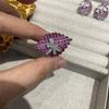 Fashion Popular Full Diamond Red Corundum Rhombus Ring Rose Red Diamond Small Flower Stud Earrings Copper Plated 18K Open Ring