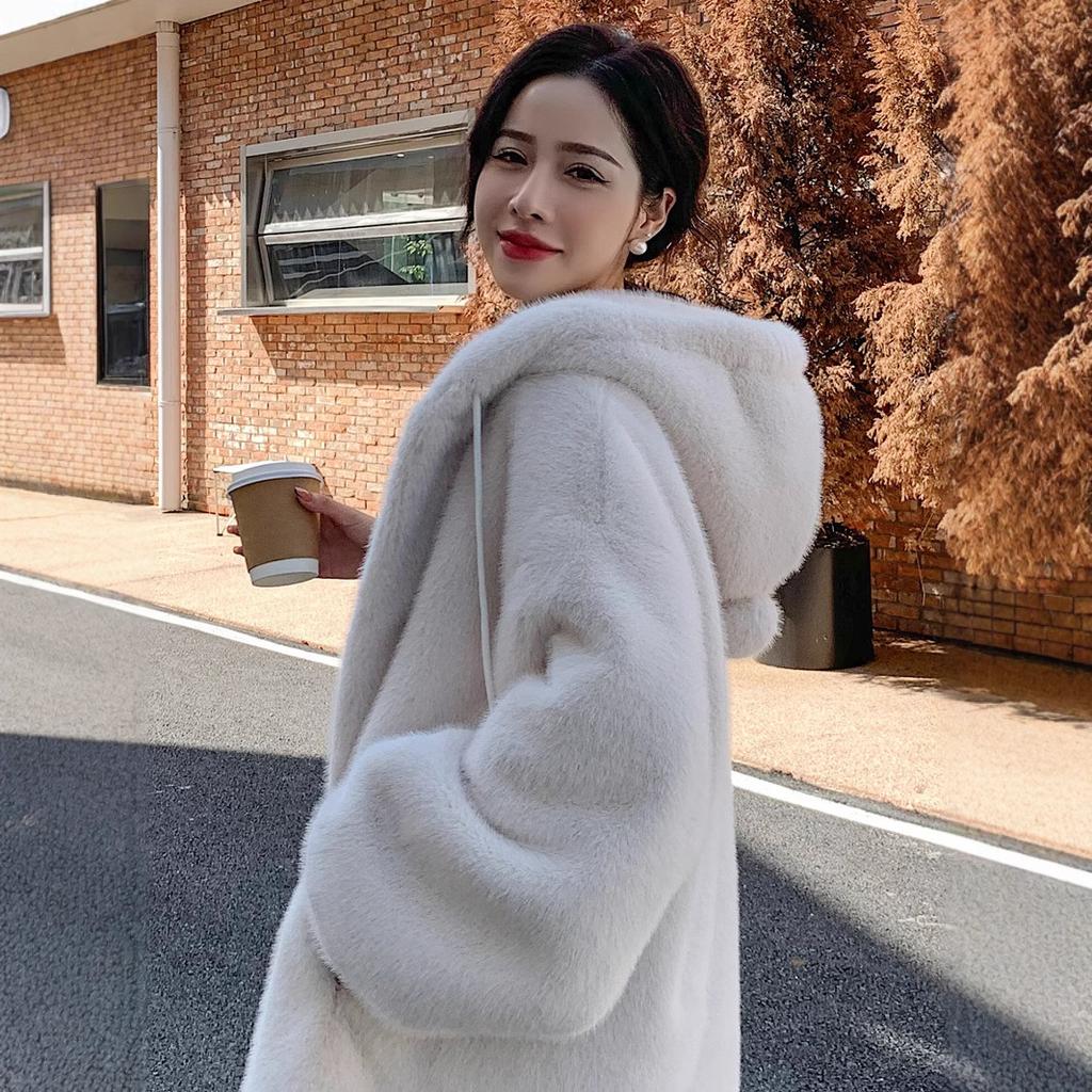 Winter imitation fur coat women's long hooded coat new fur ball decorative mink hair warm clothes