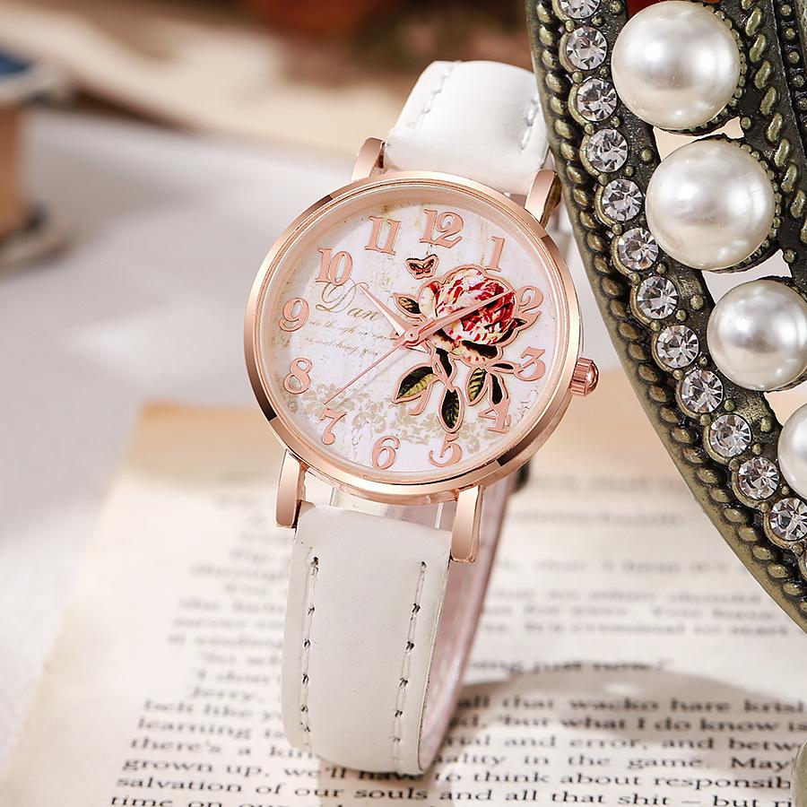Damen PU-Lederarmband Uhr Pfingstrosen Zifferblatt Quarz Armbanduhr