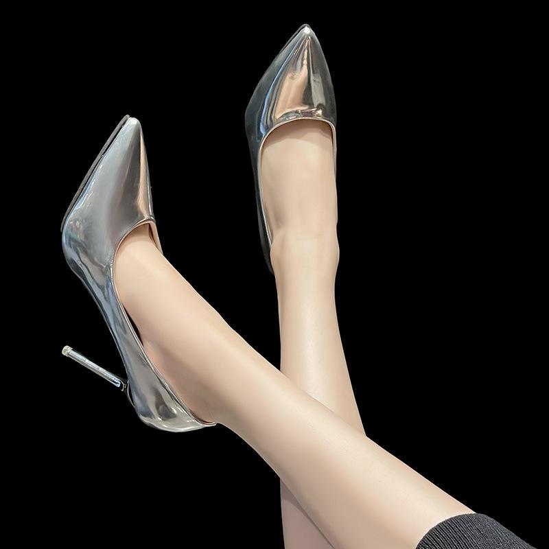 Fashion new metal heel super high heel glossy light mouth pointed head sexy nightclub slim high heel single shoes