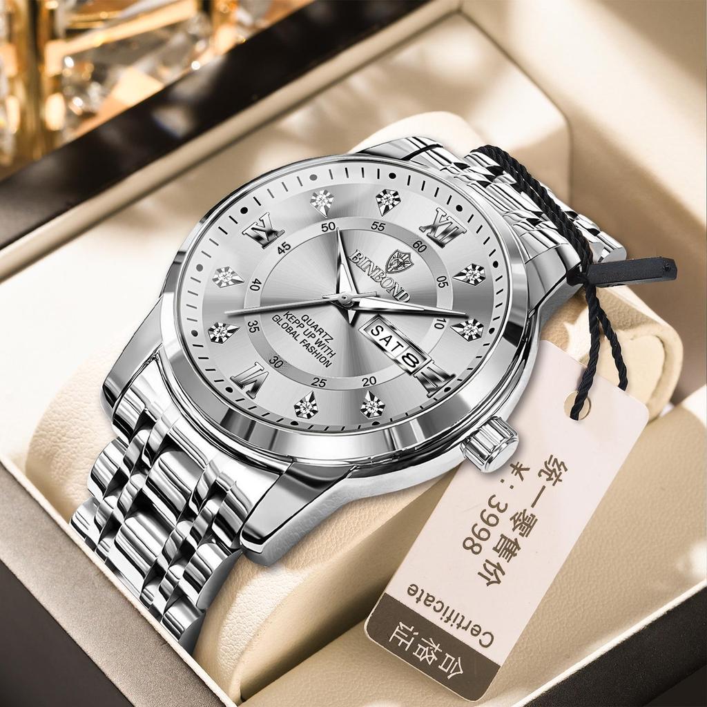 Binbang Men's Waterproof Quartz Watch with Luminous Dial, Rhinestone Accents, Dual Calendar, and Steel Strap.