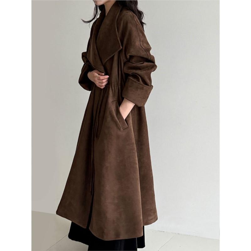 Johnature Modny Długi Zamszowy Płaszcz Wygodna Kurtka z Dużym Klapą Kobiety Jesienne Płaszcze