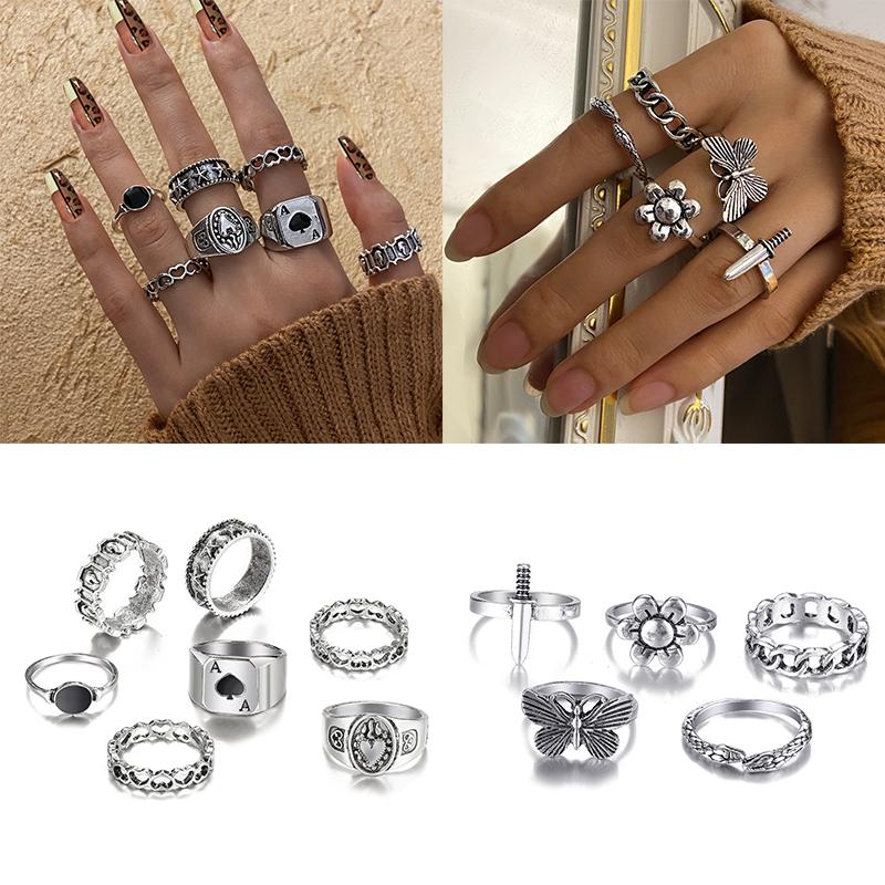 

Горячие продажи ювелирных изделий, готические кольца, комплект, сердце, крылья ангела, кольца в стиле стимпанк, вечерние, панк, череп, бабочка для женщин, посеребренные, винтажные