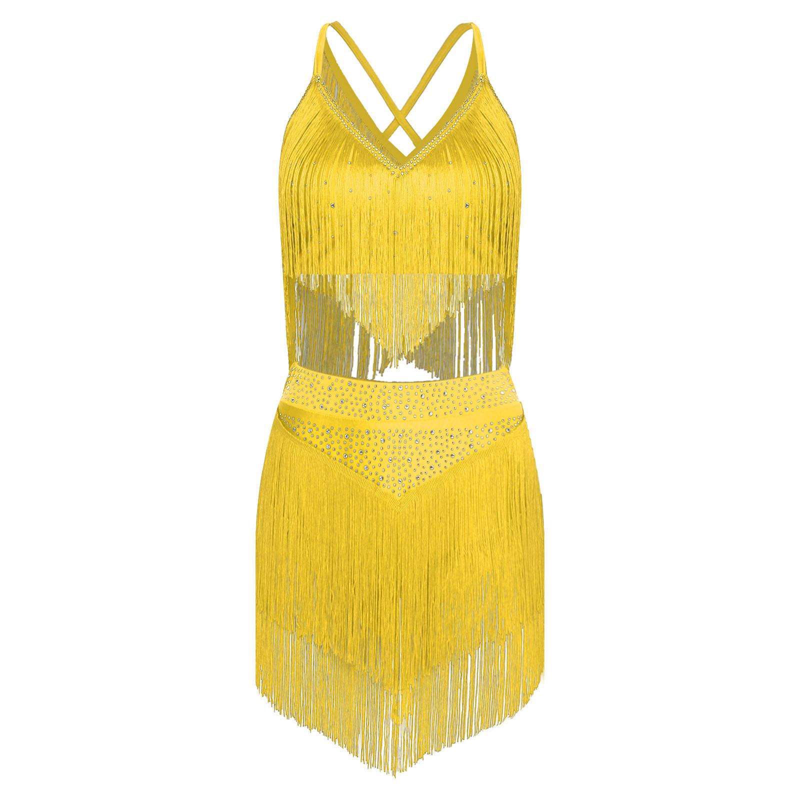 

Women Salsa Dance Costume V Neck Sleeveless Crisscross Back Fringe Crop Top Tiered Tassels Skirt
