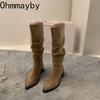 Vintage Pleated Woman Knee High Boot Elegant Low Heel Autumn Winter Shoes Ladies Pointed Toe Knight Long Booties