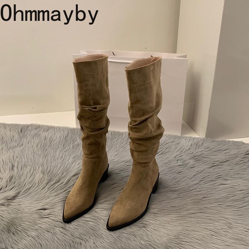 Vintage Pleated Woman Knee High Boot Elegant Low Heel Autumn Winter Shoes Ladies Pointed Toe Knight Long Booties