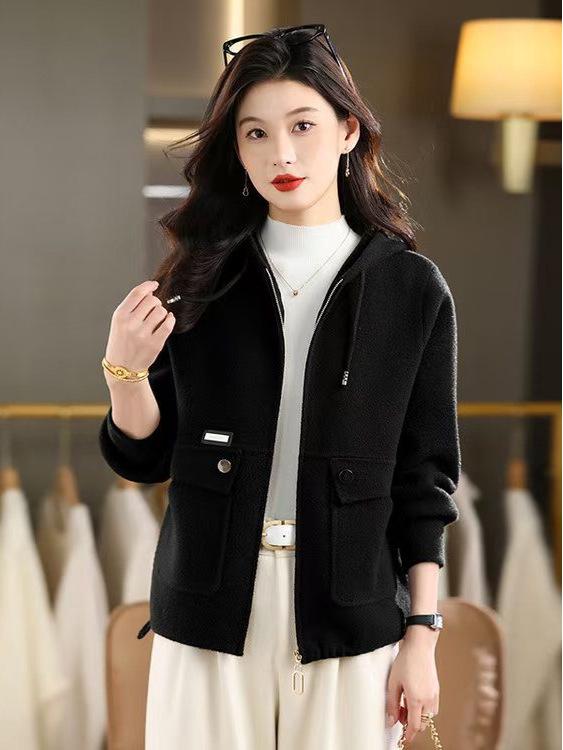 Women's Short Wool Hooded Zip Cardigan Coat - Fall/Winter Fashion Sweater Top