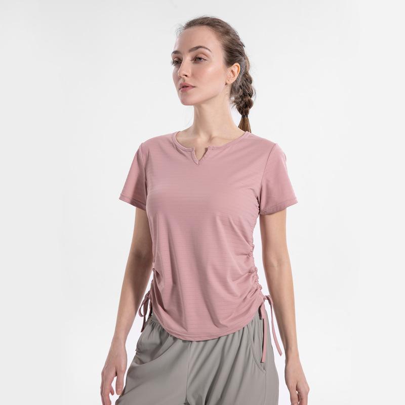 Women Loose Yoga Sports T-Shirts Quick Dry Breathable Fitness Workout Yoga Elasticity Short Sleeve Hem Drawstring Design