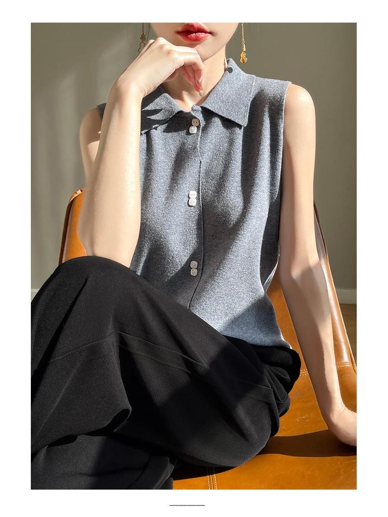 Women's Wool Knit Lapel Collar Sleeveless Base Layer Vest