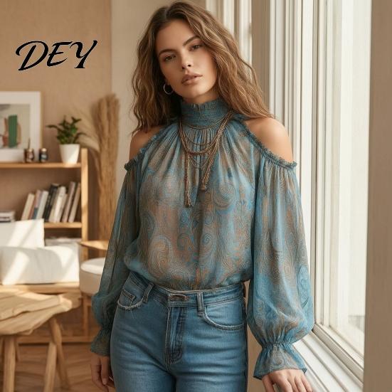 Long Sleeve Shirts Women Fall Cold Shoulder Shirt, Vintage Ethnic Print High Casual Blouses Collar Blouse, Ruffle Lantern Top Soft
