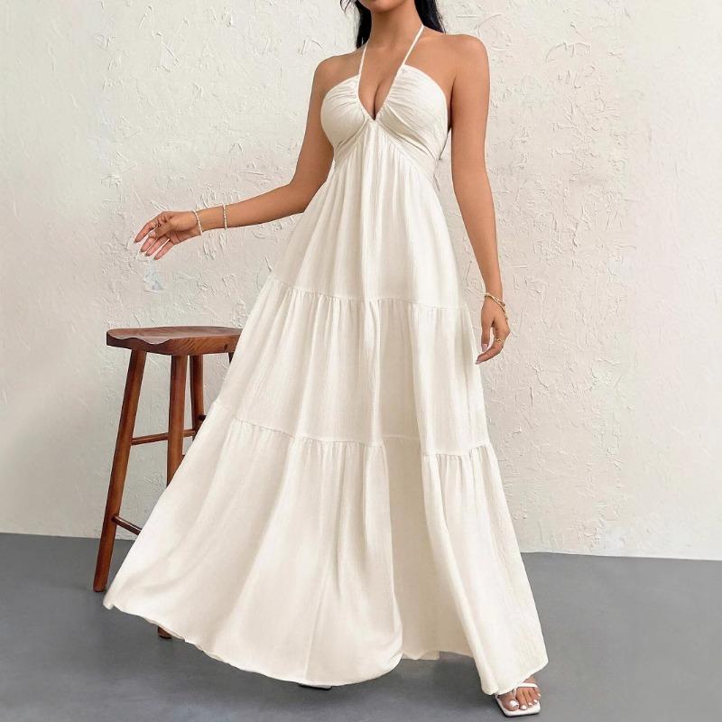 Women s Halter Neck Tiered Maxi Dress Deep V-Neck Sleeveless Sundress S