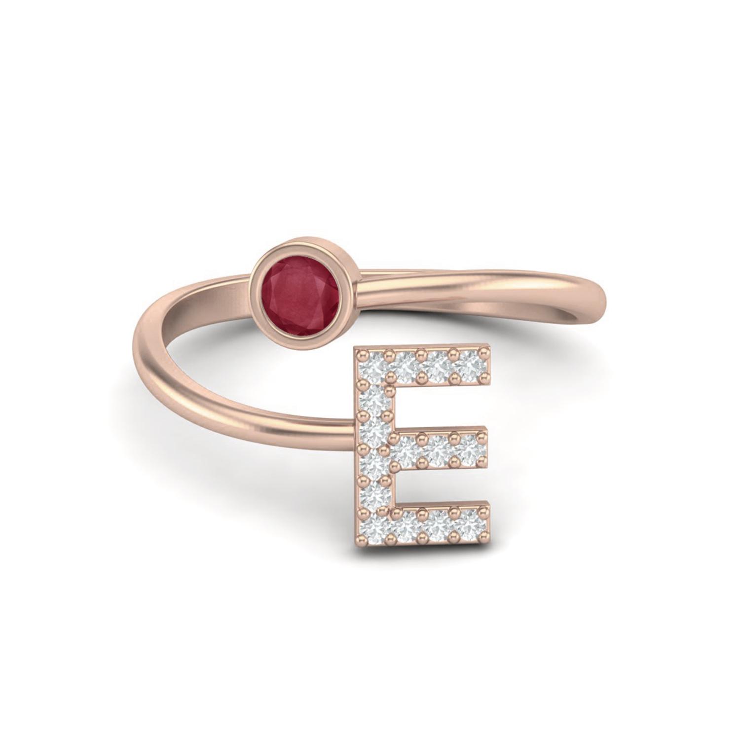 Capital E Initial Letter Ruby Women Ring Adjustable Front Open Ring 925 Sterling Silver Rose Vermeil 5