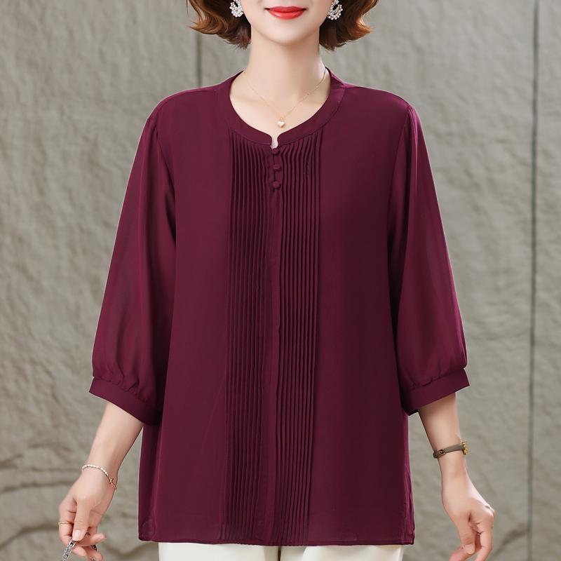 Women's Plus Size Burgundy Blouse, Casual 3/4 Sleeve Pleated Front Top (3XL-7XL)