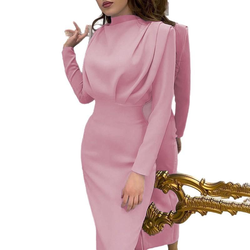 Europe, America 2025 autumn and winter new fashion temperament waist foreign style solid color long-sleeved dress, all sizes are in stock
