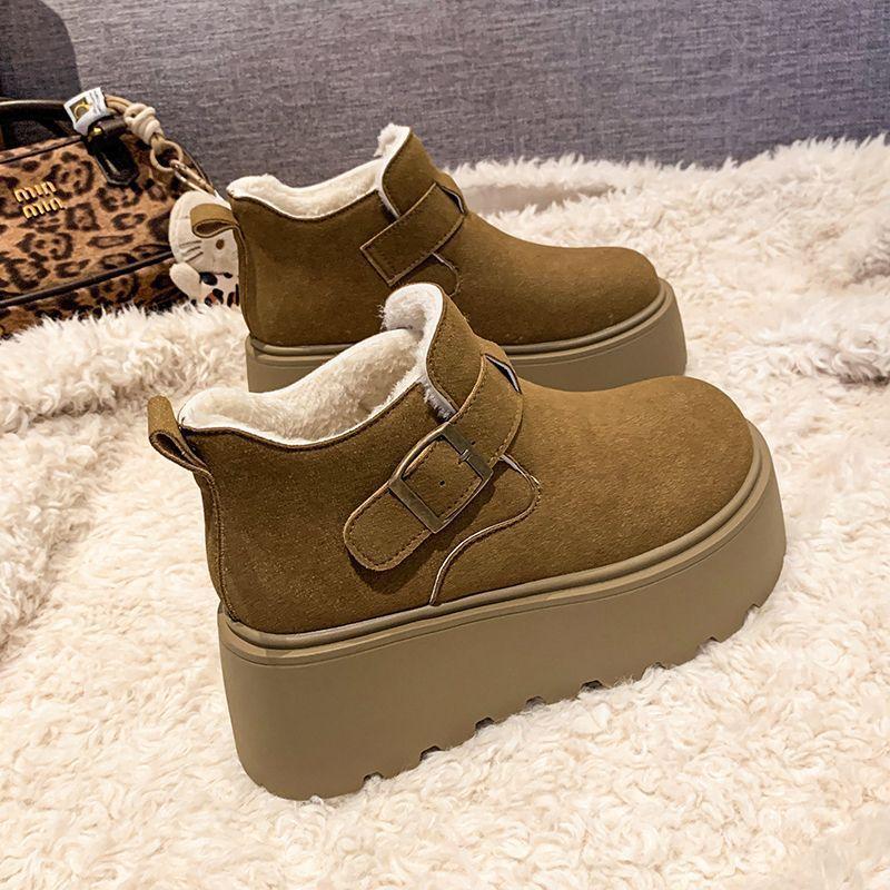 Retro matte leather one-pedal cotton shoes new snow boots high-top Birkenstocks women's shoes velvet thick-soled muffin shoes