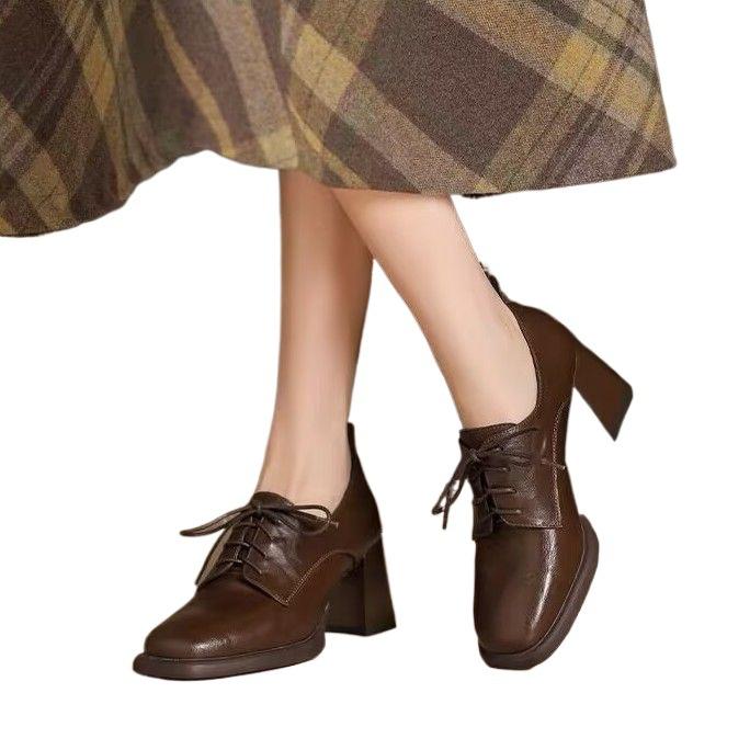 British Style Small Leather Shoes Are Not Tired of Feet Single Shoes Women's 2025 Spring New Women's Shoes Lace-up Loafers Thick Heels High Heels