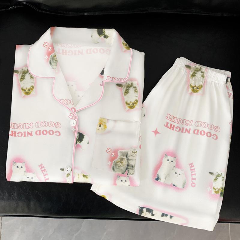 Ice Silk Pajamas Women'S Summer Short-Sleeved Cardigan Three-Piece Set Children'S Fun Cat Cartoon Loungewear