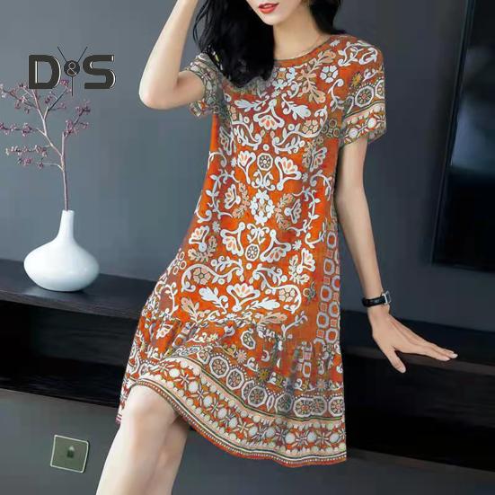 Letní dámské šaty s kulatým výstřihem Poloviční rukávy Retro potisk A-line Velký lem Délka ke kolenům Volné Běžné Denní nošení Dovolená Midi Šaty