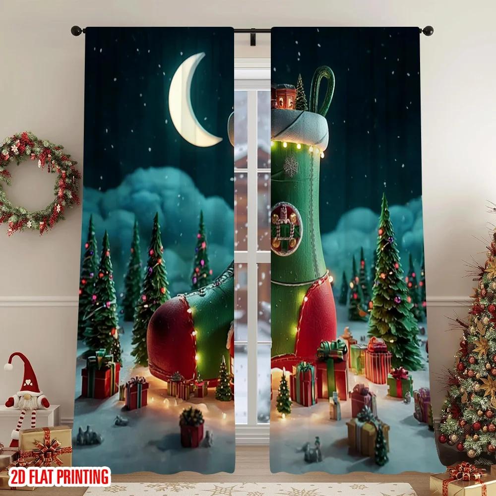 

2pcs Magical Christmas Stocking & Moonlit Tree Pattern Curtains, Designed for Light Blocking, Premium Material, Suitable for 24x59in(60x150CM)x2&Rod Pocket