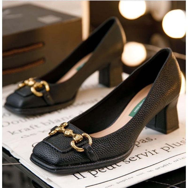Fashion Women's Mid-heel Pumps 2025 Summer French Style Back Empty Female Thick Heel Square Toe Mary Jane Shoes Black Green Talon Femme