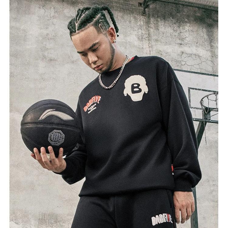 Sweat-shirt unisexe Li Ning Badfive à imprimé lettres 3D, coupe ample, en polaire, noir, AWDT873-5