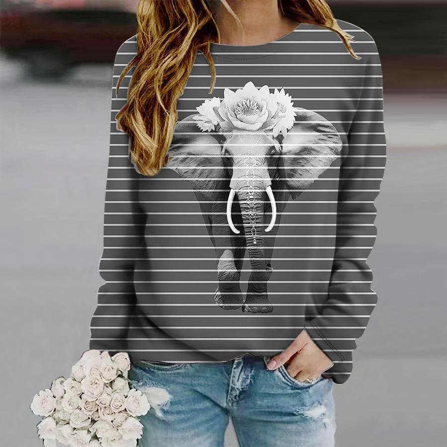 Tops For Women Elephant Flower Print Round Neck Long Sleeve T-shirt Fall Casual Slim Pullover Women's Long Sleeve Top