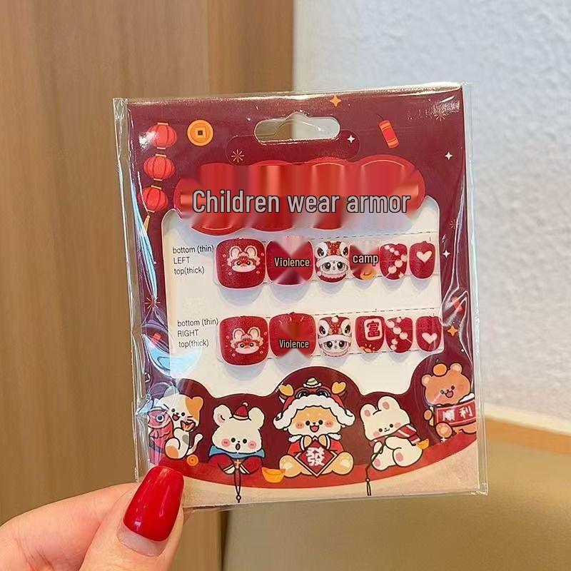 Children's Red Festive New Year Nail Stickers - Self-Adhesive Wearable Nail Art with Cat Design for Girls